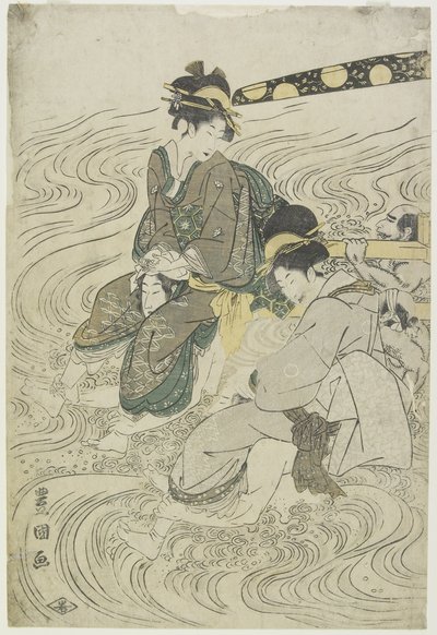 Due donne che attraversano un fiume sulle spalle di coolies da Utagawa Toyokuni